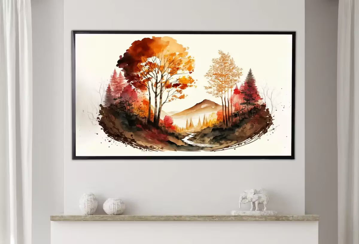 Samsung Frame TV Art 4K Fall Forest Mountain Landscape Watercolor Digital Painting. Instant Download Forest Art for Samsung Frame TV. TV Art – Frame TV  Art