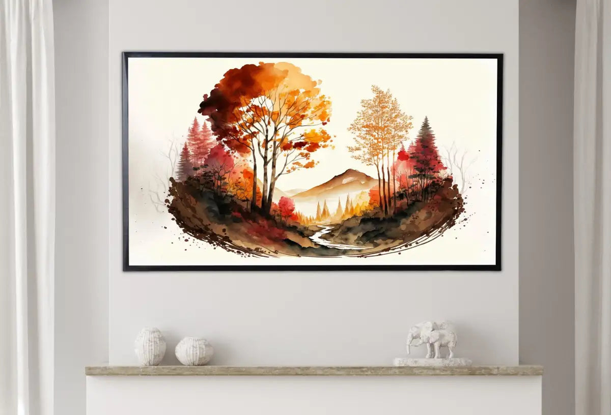 Detail view of artwork from Samsung Frame TV Art 4K Fall Forest Mountain Landscape Watercolor Digital Painting. Instant Download Forest Art for Samsung Frame TV. TV Art. (variation 2)
