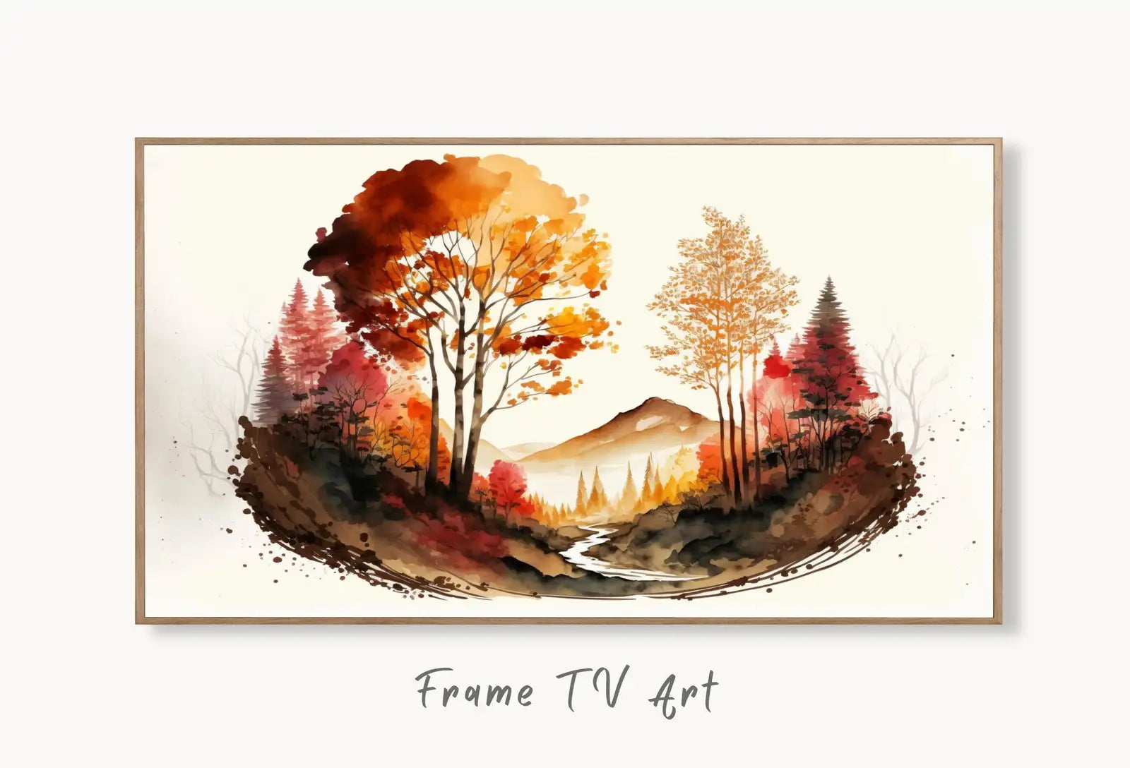 Samsung Frame TV Art 4K Fall Forest Mountain Landscape Watercolor Digital Painting. Instant Download Forest Art for Samsung Frame TV. TV Art displayed on Samsung Frame TV on a living room wall.
