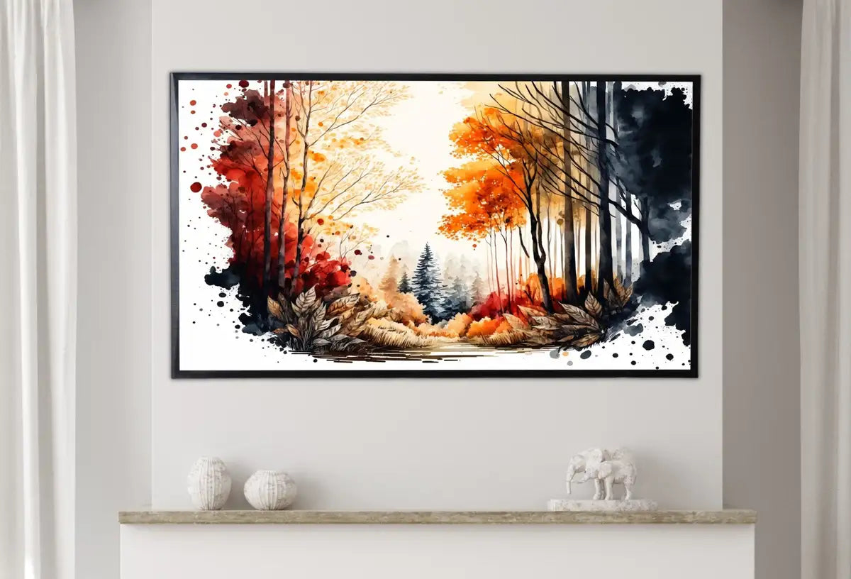 Detail view of artwork from Samsung Frame TV Art 4K Fall Forest Nature Landscape Watercolor Digital Painting. Instant Download Forest Art for Samsung Frame TV. TV Art. (variation 2)