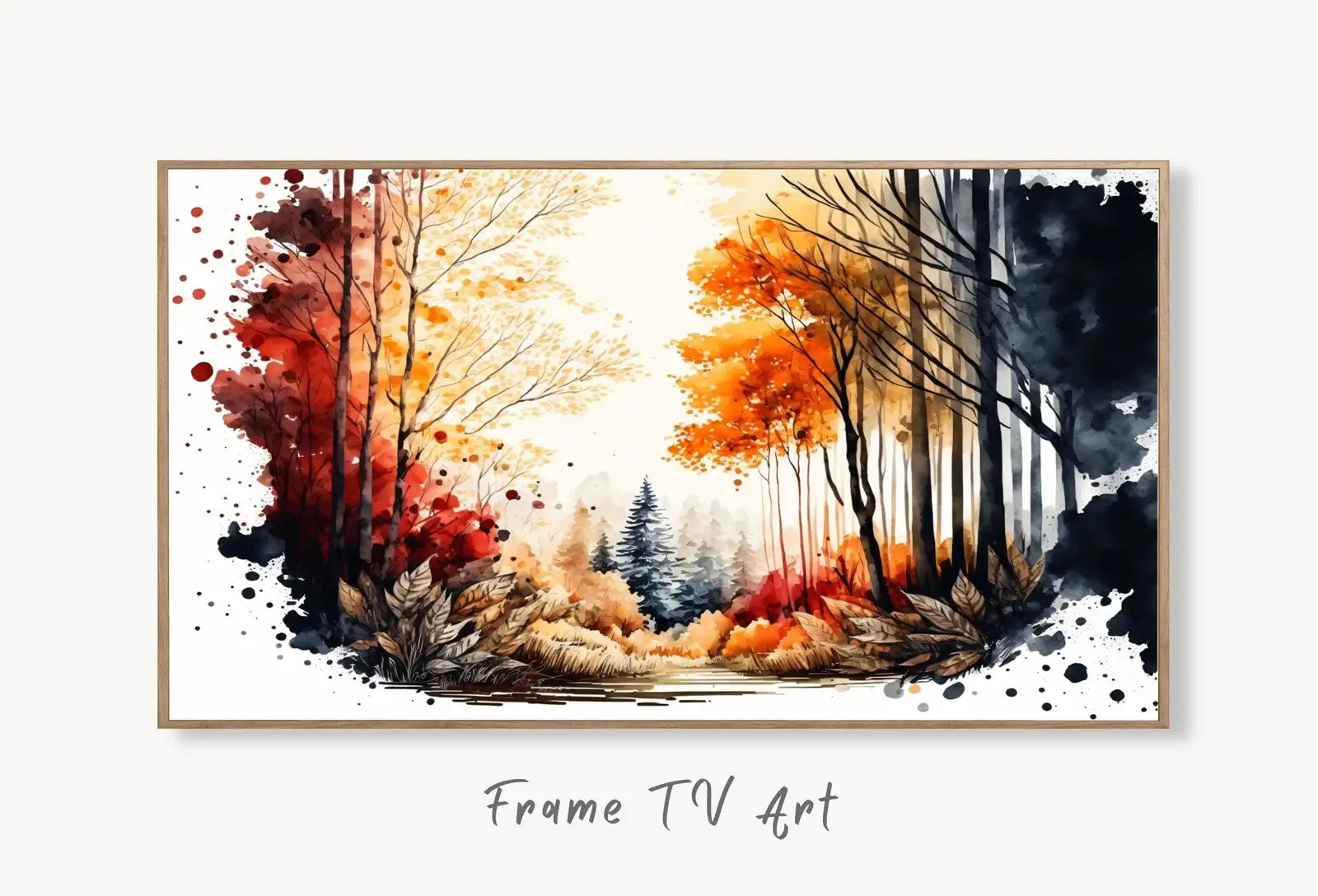 Samsung Frame TV Art 4K Fall Forest Nature Landscape Watercolor Digital Painting. Instant Download Forest Art for Samsung Frame TV. TV Art displayed on Samsung Frame TV on a living room wall.