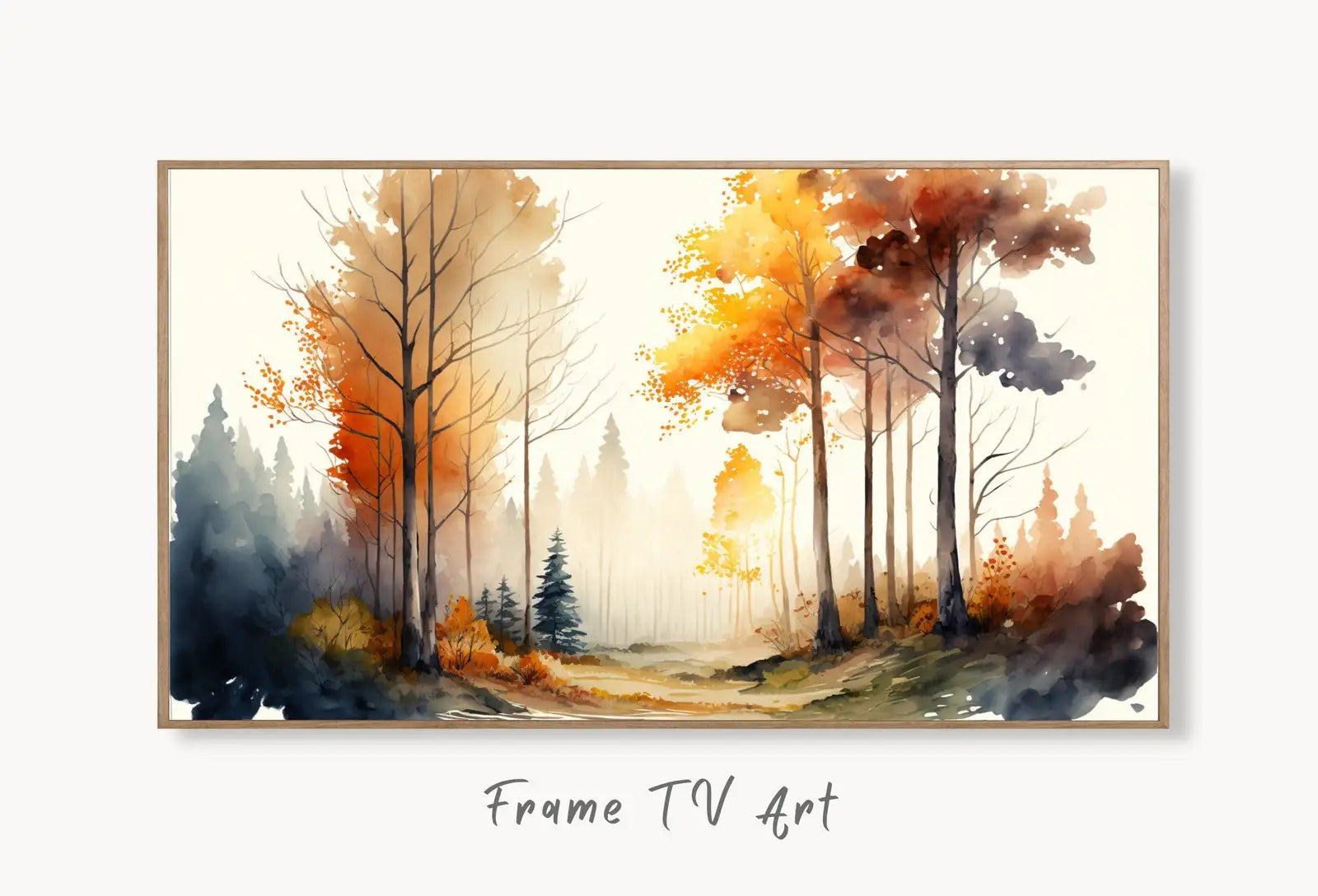 Samsung Frame TV Art 4K Fall Forest Nature Watercolor Landscape Digital Painting. Instant Download Forest Art for Samsung Frame TV. TV Art displayed on Samsung Frame TV on a living room wall.