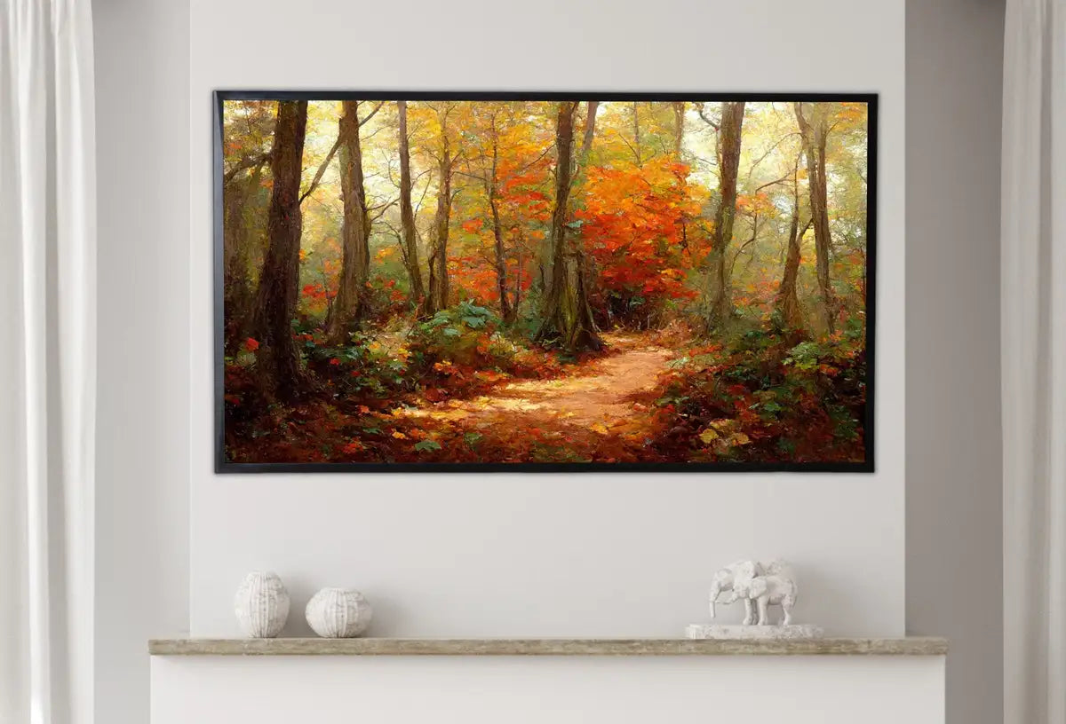 Detail view of artwork from Samsung Frame TV Art 4K Fall Landscape Forest Trail Scenery Digital Painting. Instant Download Autumn Art for Samsung Frame TV. Art for TV. (variation 2)