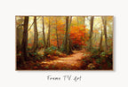 Samsung Frame TV Art 4K Fall Landscape Forest Trail Scenery Digital Painting. Instant Download Autumn Art for Samsung Frame TV. Art for TV displayed on Samsung Frame TV on a living room wall.