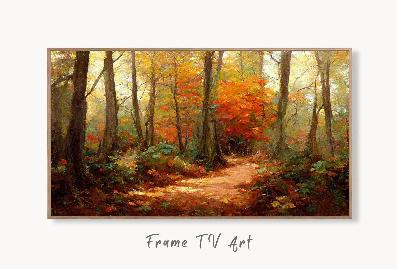 Samsung Frame TV Art 4K Fall Landscape Forest Trail Scenery Digital Painting. Instant Download Autumn Art for Samsung Frame TV. Art for TV displayed on Samsung Frame TV on a living room wall.