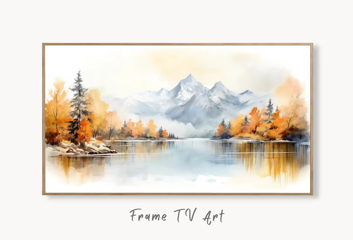 Samsung Frame TV Art 4K Fall Mountain Forest Lake Landscape Painting. Instant Download. Autumn Forest Art for Samsung Frame TV. Art for TV – Frame TV  Art