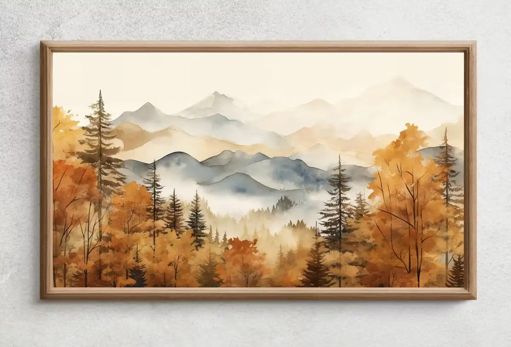 Samsung Frame TV Art 4K Fall Mountain Forest Landscape Painting. Instant Download. Autumn Forest Art for Samsung Frame TV. Art for TV – Frame TV  Art