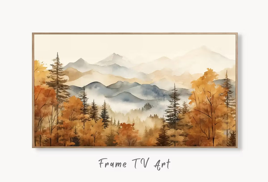 Samsung Frame TV Art 4K Fall Mountain Forest Landscape Painting. Instant Download. Autumn Forest Art for Samsung Frame TV. Art for TV – Frame TV  Art