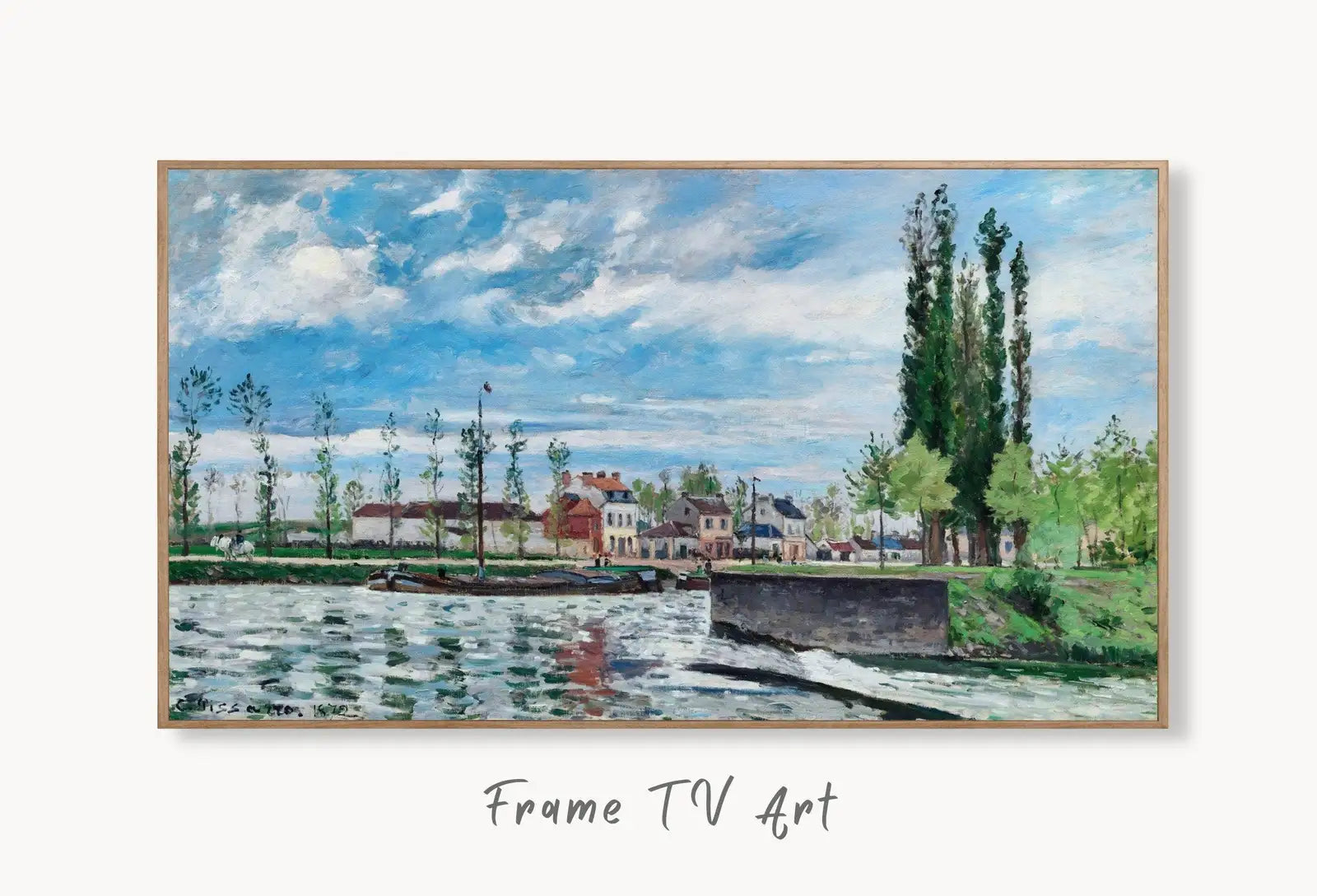 Samsung Frame TV Art 4K Famous Impressionist French Vintage River Landscape Oil Painting. Instant Download Art for Frame TV Art for Tv displayed on Samsung Frame TV on a living room wall.