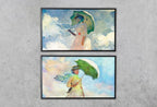 Samsung Frame TV Art 4K Famous Paintings Set of 2. Woman with a Parasol Classic Portrait Paintings. Claude Monet Fine Art for Frame TV displayed on Samsung Frame TV on a living room wall.