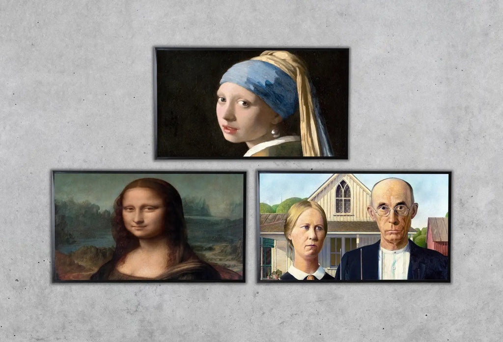 Samsung Frame TV Art 4K Famous Paintings Set of 3. Girl w Pearl Earring, Mona Lisa & American Gothic Classic Portraits Fine Art for Frame TV displayed on Samsung Frame TV on a living room wall.