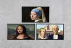 Samsung Frame TV Art 4K Famous Paintings Set of 3. Girl w Pearl Earring, Mona Lisa & American Gothic Classic Portraits Fine Art for Frame TV displayed on Samsung Frame TV on a living room wall.