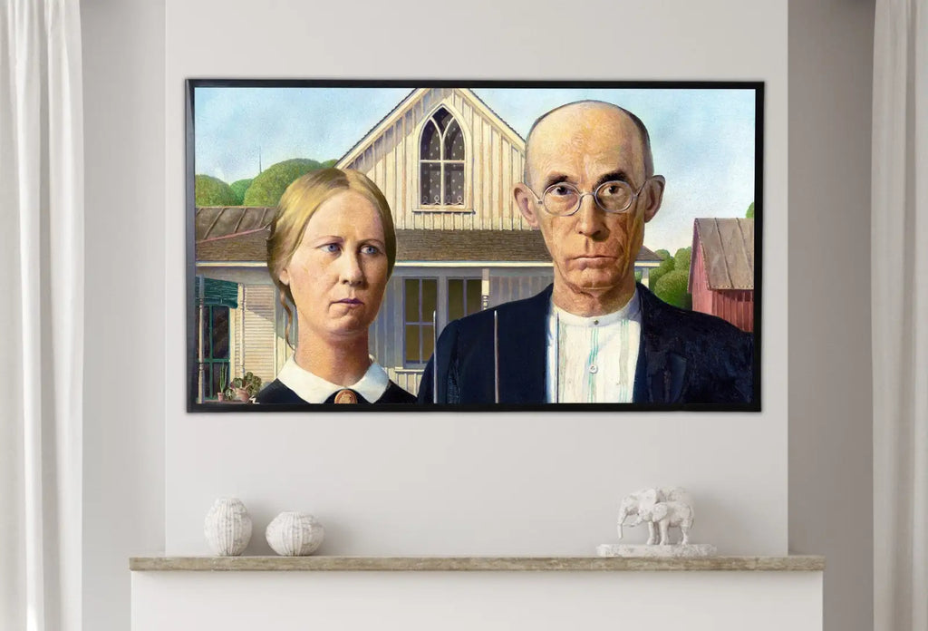 Detail view of artwork from Samsung Frame TV Art 4K Famous Paintings Set of 3. Girl w Pearl Earring, Mona Lisa & American Gothic Classic Portraits Fine Art for Frame TV. (variation 2)
