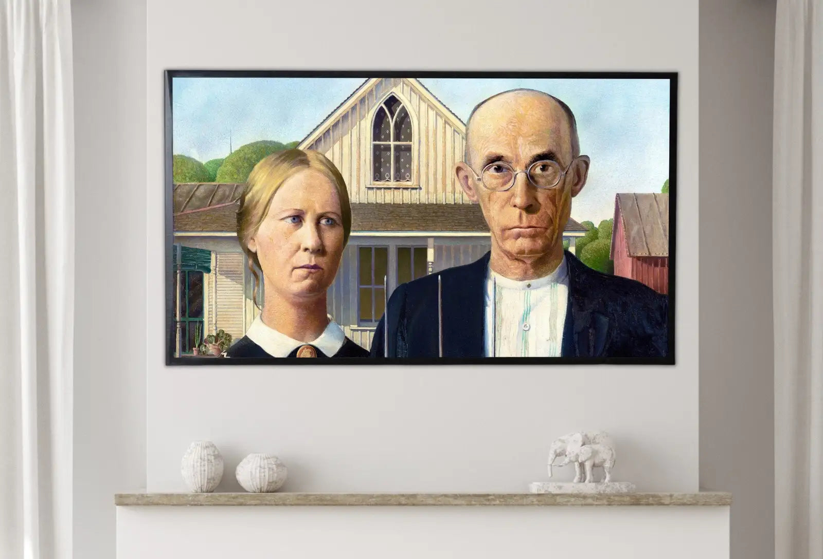 Detail view of artwork from Samsung Frame TV Art 4K Famous Paintings Set of 3. Girl w Pearl Earring, Mona Lisa & American Gothic Classic Portraits Fine Art for Frame TV. (variation 2)