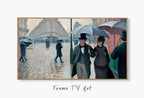 Samsung Frame TV Art 4K Famous Paris Street Rainy Day Painting by Gustave Caillebotte. Instant Download Art for Frame TV. Vintage Wall Art displayed on Samsung Frame TV on a living room wall.