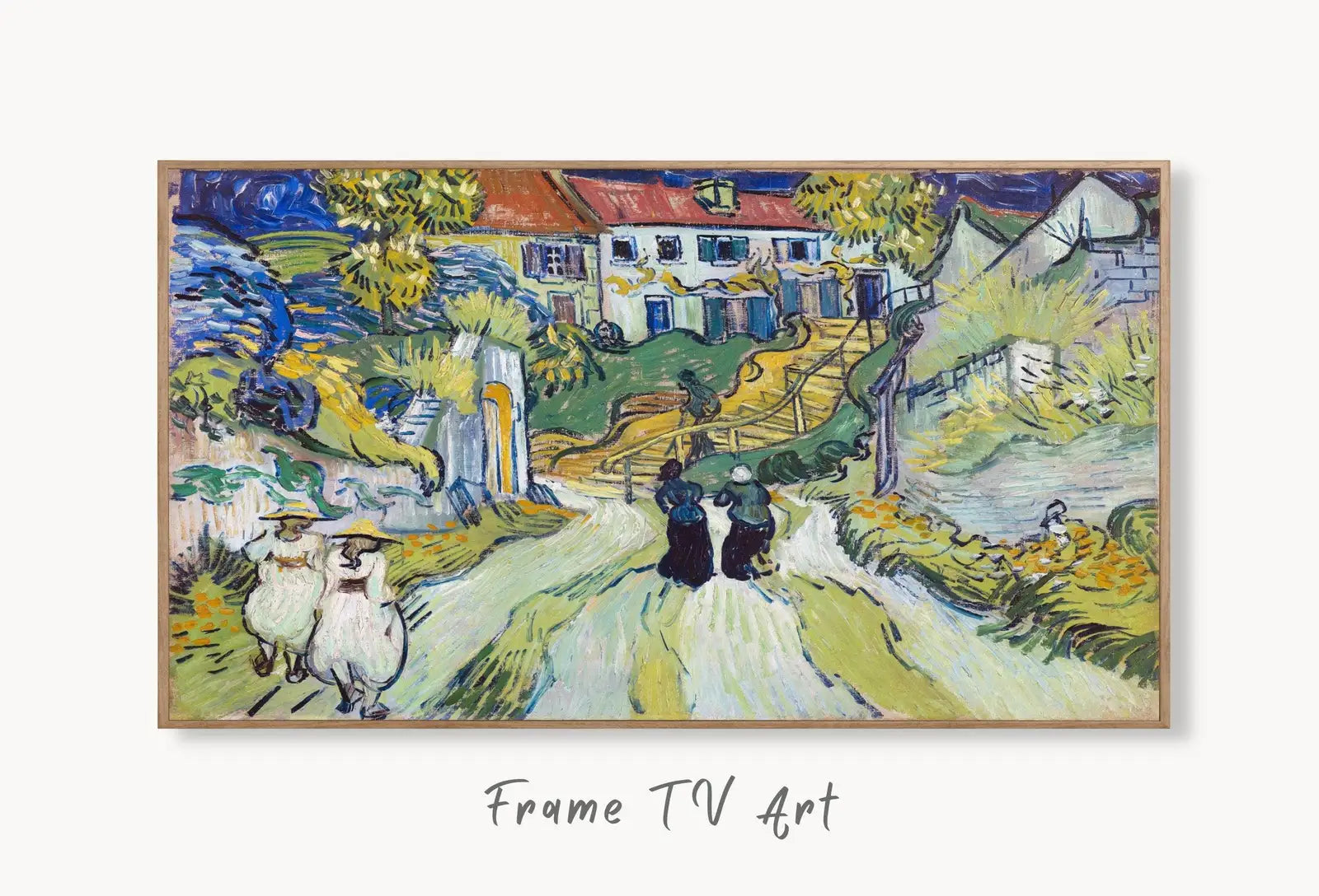 Samsung Frame TV Art 4K Famous Stairway at Auvers Painting by Vincent van Gogh. Instant Download van Gogh Art for Frame TV. Vintage Wall Art displayed on Samsung Frame TV on a living room wall.