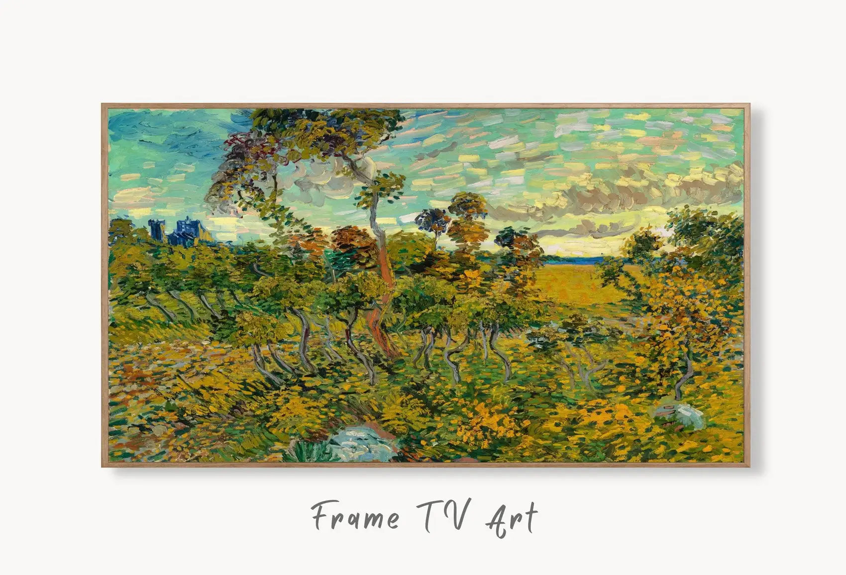 Samsung Frame TV Art 4K Famous Sunset at Montmajour Painting by Vincent van Gogh. Instant Download van Gogh Nature Landscape for Frame TV. displayed on Samsung Frame TV on a living room wall.
