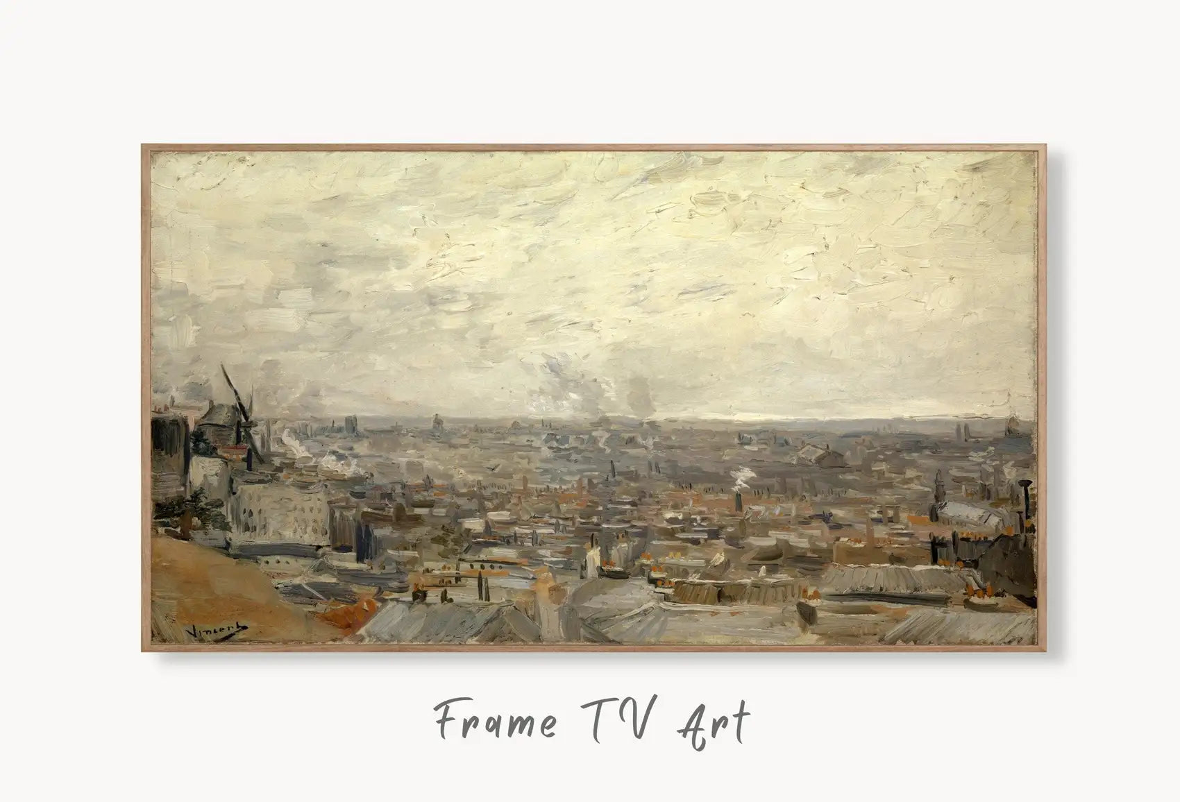 Samsung Frame TV Art 4K Famous View of Paris Painting by Vincent van Gogh. Instant Download van Gogh Art for the Frame TV. Vintage Wall Art displayed on Samsung Frame TV on a living room wall.