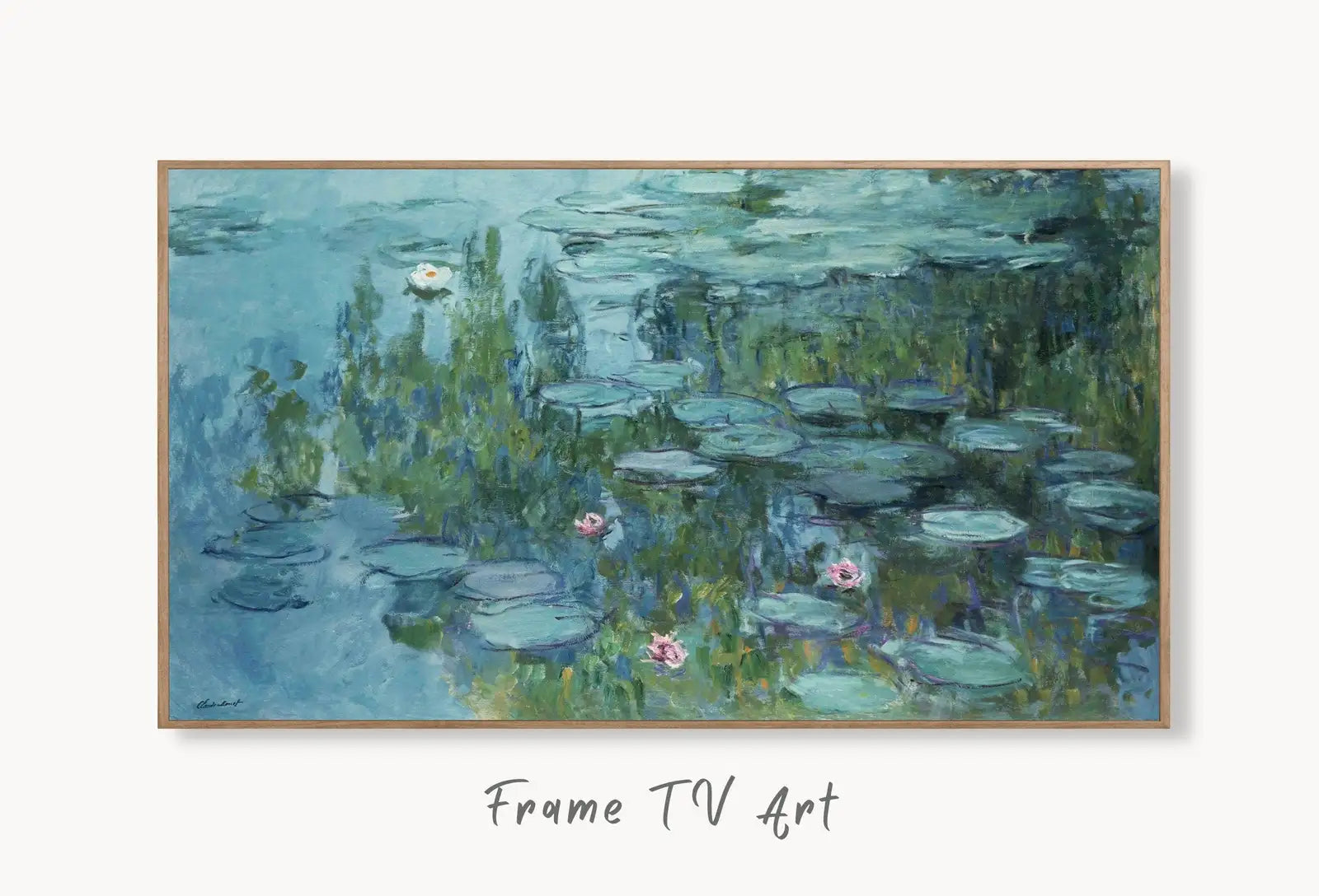 Samsung Frame TV Art 4K Famous Water Lilies Claude Monet Painting. Instant Download Botanical Wall Art for the Frame TV. Vintage Wall Art displayed on Samsung Frame TV on a living room wall.