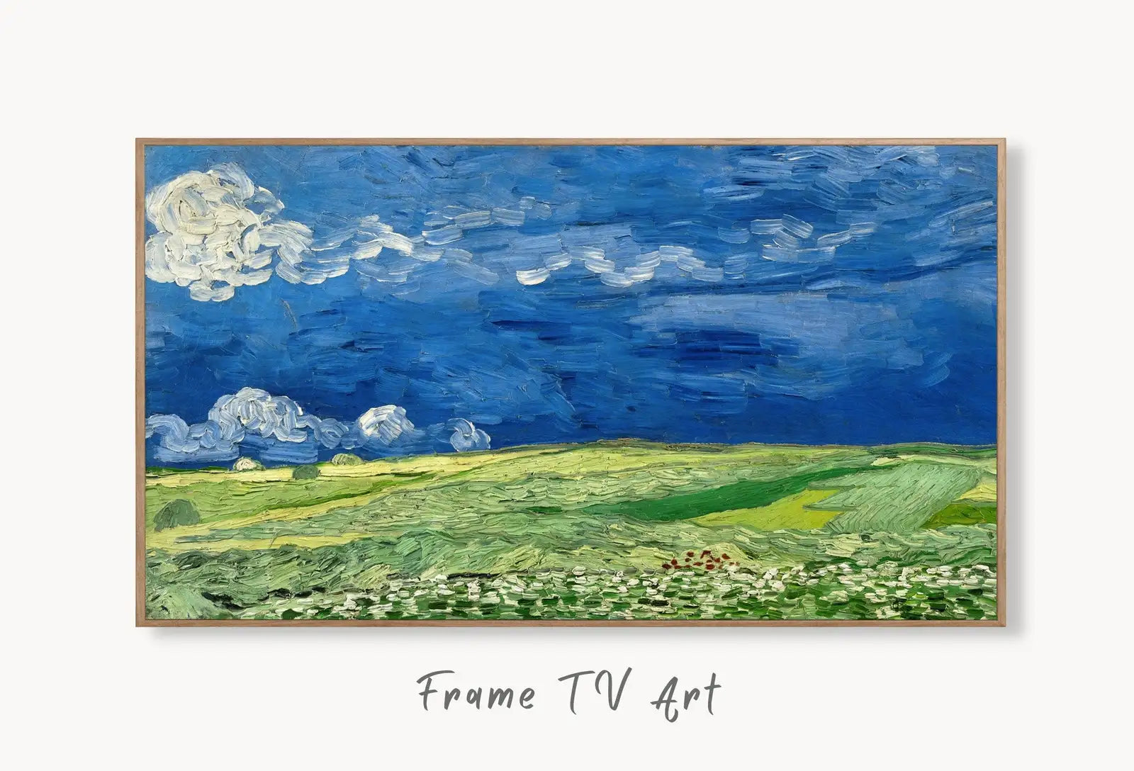 Samsung Frame TV Art 4K Famous Wheat Field Painting by Vincent van Gogh. Instant Download van Gogh Landscape for Frame TV. Vintage Decor displayed on Samsung Frame TV on a living room wall.