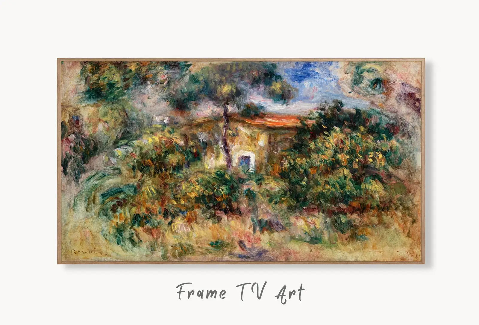 Samsung Frame TV Art 4K "Farmhouse" by Auguste Renoir. Famous Antique Oil Painting. Vintage Landscape. Impressionist Fine Art for Frame TV displayed on Samsung Frame TV on a living room wall.