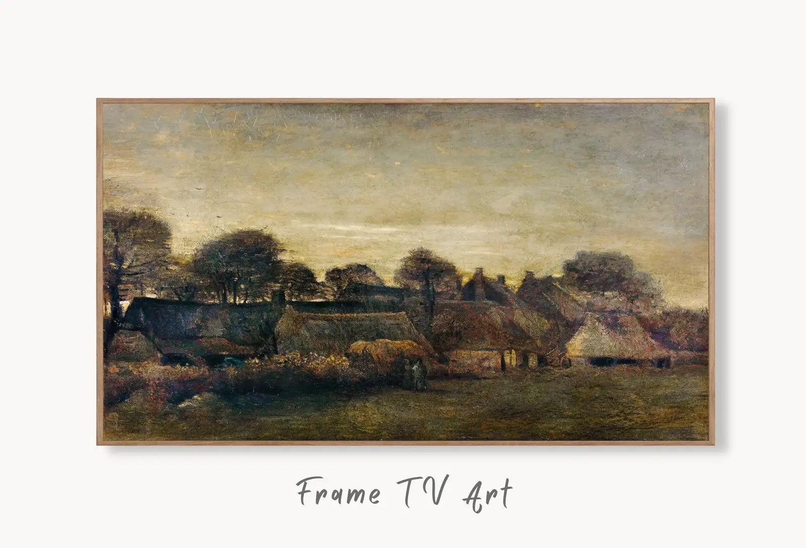 Samsung Frame TV Art 4K Farming Village at Twilight Famous van Gogh Painting. Instant Download Vintage Farmhouse Landscape for the Frame TV displayed on Samsung Frame TV on a living room wall.