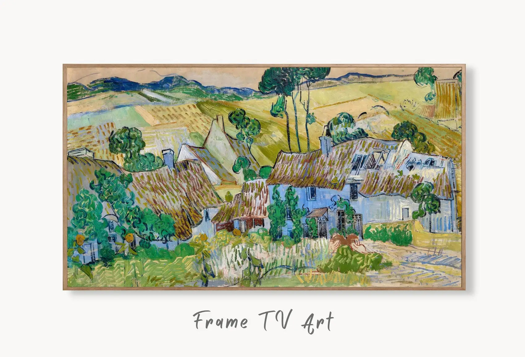 Samsung Frame TV Art 4K Farms near Auvers Famous Painting by Vincent van Gogh. Instant Download van Gogh Art for the Frame TV. Vintage Decor displayed on Samsung Frame TV on a living room wall.