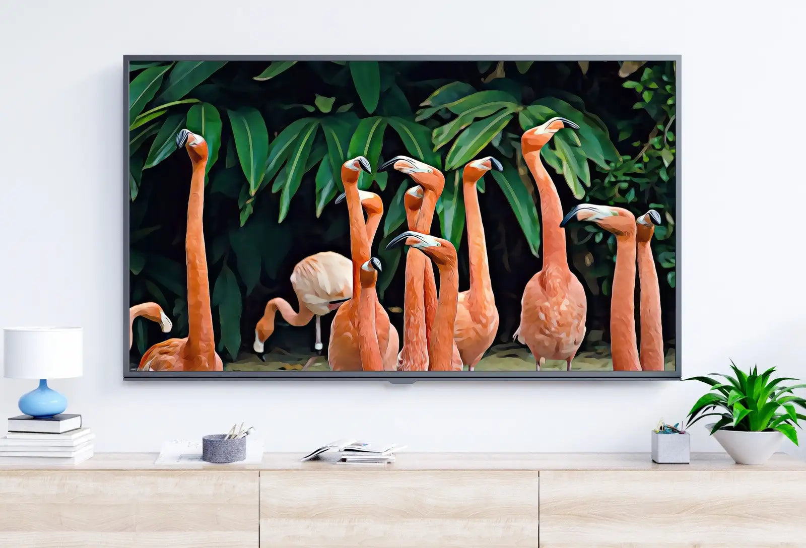 Included artwork preview showing first selection of artworks from Samsung Frame TV Art 4K Flock of Flamingos Painting. Instant Download Flamingos Art for the Samsung Frame TV. Tropical Art for TV.