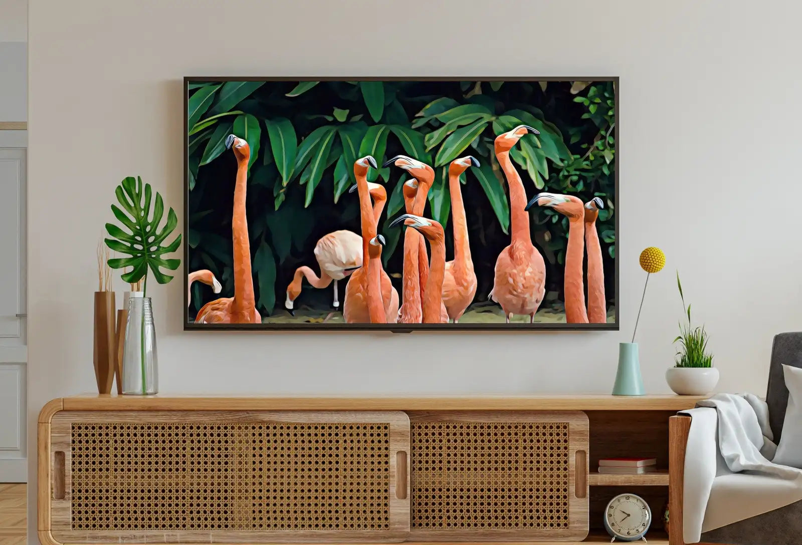 Detail view of artwork from Samsung Frame TV Art 4K Flock of Flamingos Painting. Instant Download Flamingos Art for the Samsung Frame TV. Tropical Art for TV. (variation 1)