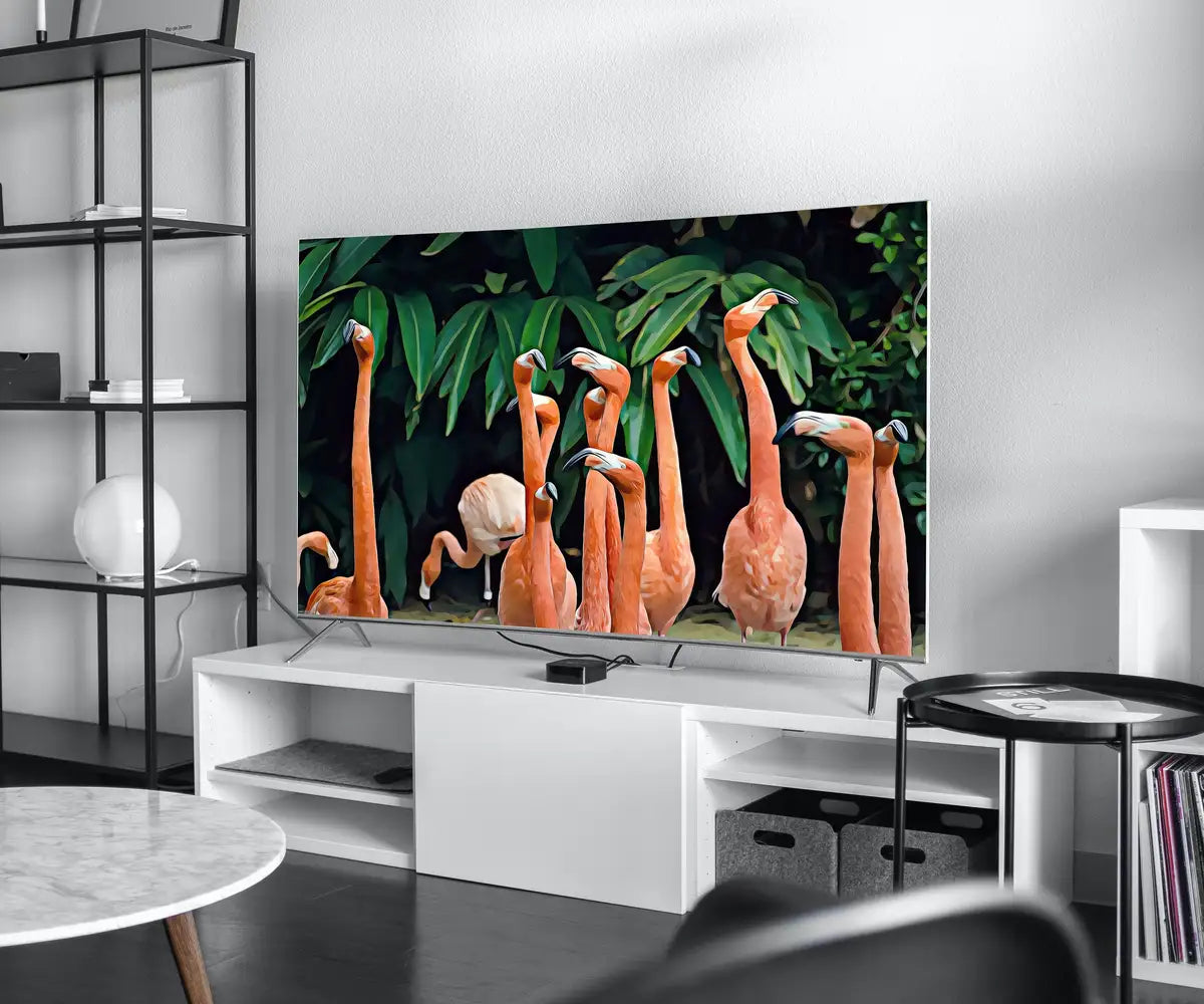 Detail view of artwork from Samsung Frame TV Art 4K Flock of Flamingos Painting. Instant Download Flamingos Art for the Samsung Frame TV. Tropical Art for TV. (variation 2)