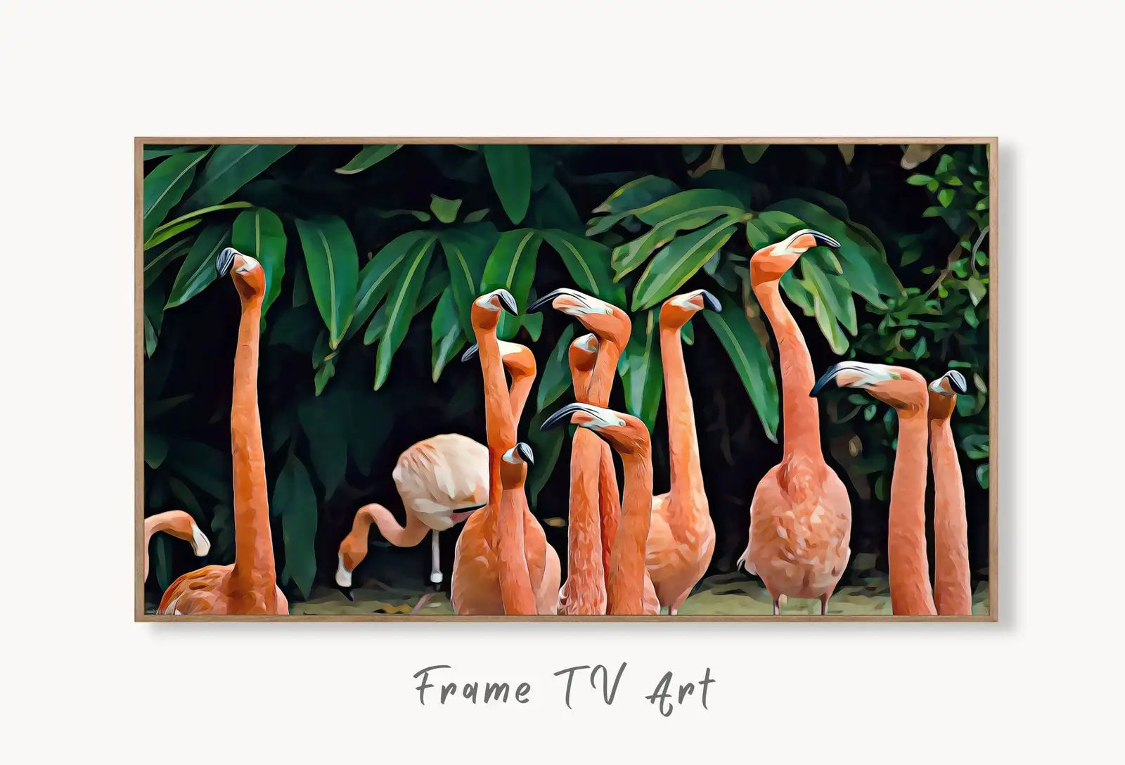 Samsung Frame TV Art 4K Flock of Flamingos Painting. Instant Download Flamingos Art for the Samsung Frame TV. Tropical Art for TV displayed on Samsung Frame TV on a living room wall.