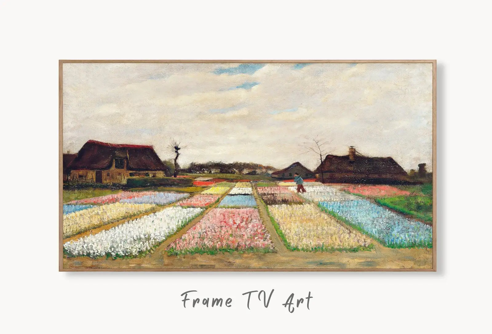 Samsung Frame TV Art 4K Flower Beds in Holland Famous Painting by Vincent van Gogh. Instant Download van Gogh Classic Art for the Frame TV. displayed on Samsung Frame TV on a living room wall.