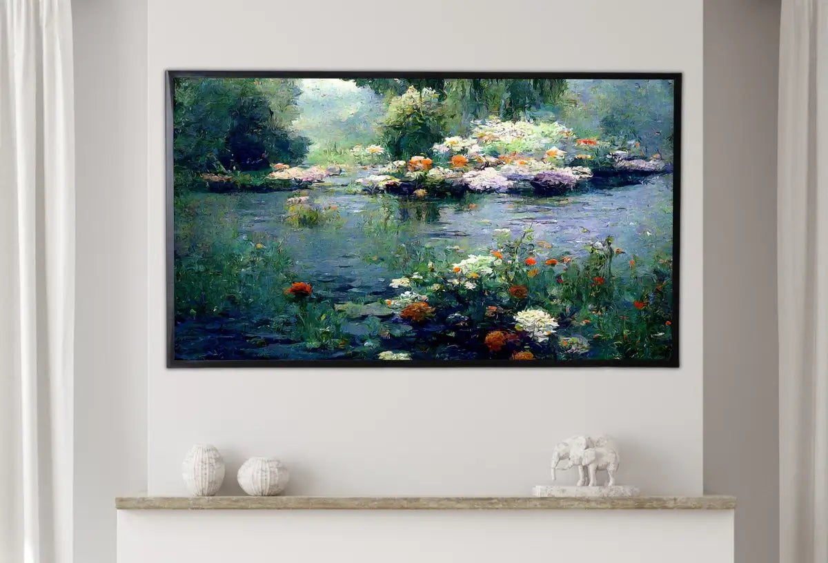 Detail view of artwork from Samsung Frame TV Art 4K Flowers on River Monet Inspired Digital Painting. Instant Download Landscape Wall Art for Frame TV. Botanical Decor. (variation 2)