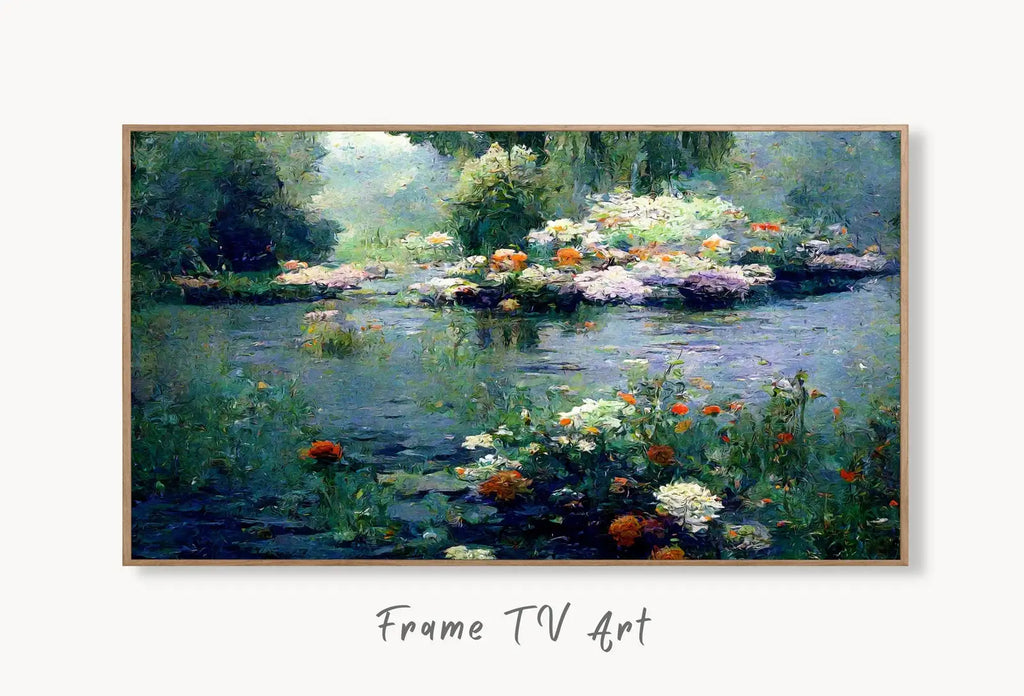 Samsung Frame TV Art 4K Flowers on River Monet Inspired Digital Painting. Instant Download Landscape Wall Art for Frame TV. Botanical Decor displayed on Samsung Frame TV on a living room wall.