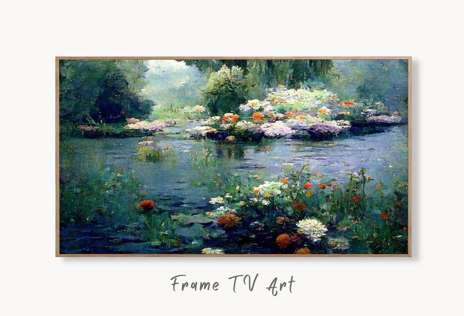Samsung Frame TV Art 4K Flowers on River Monet Inspired Digital Painting. Instant Download Landscape Wall Art for Frame TV. Botanical Decor displayed on Samsung Frame TV on a living room wall.