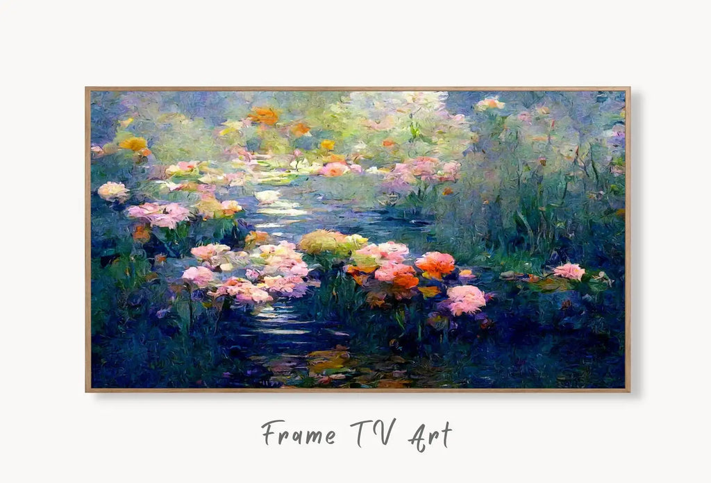 Samsung Frame TV Art 4K Flowers & Pond Monet Inspired Digital Painting. Instant Download Landscape Wall Art for Frame TV. Botanical Wall Art displayed on Samsung Frame TV on a living room wall.