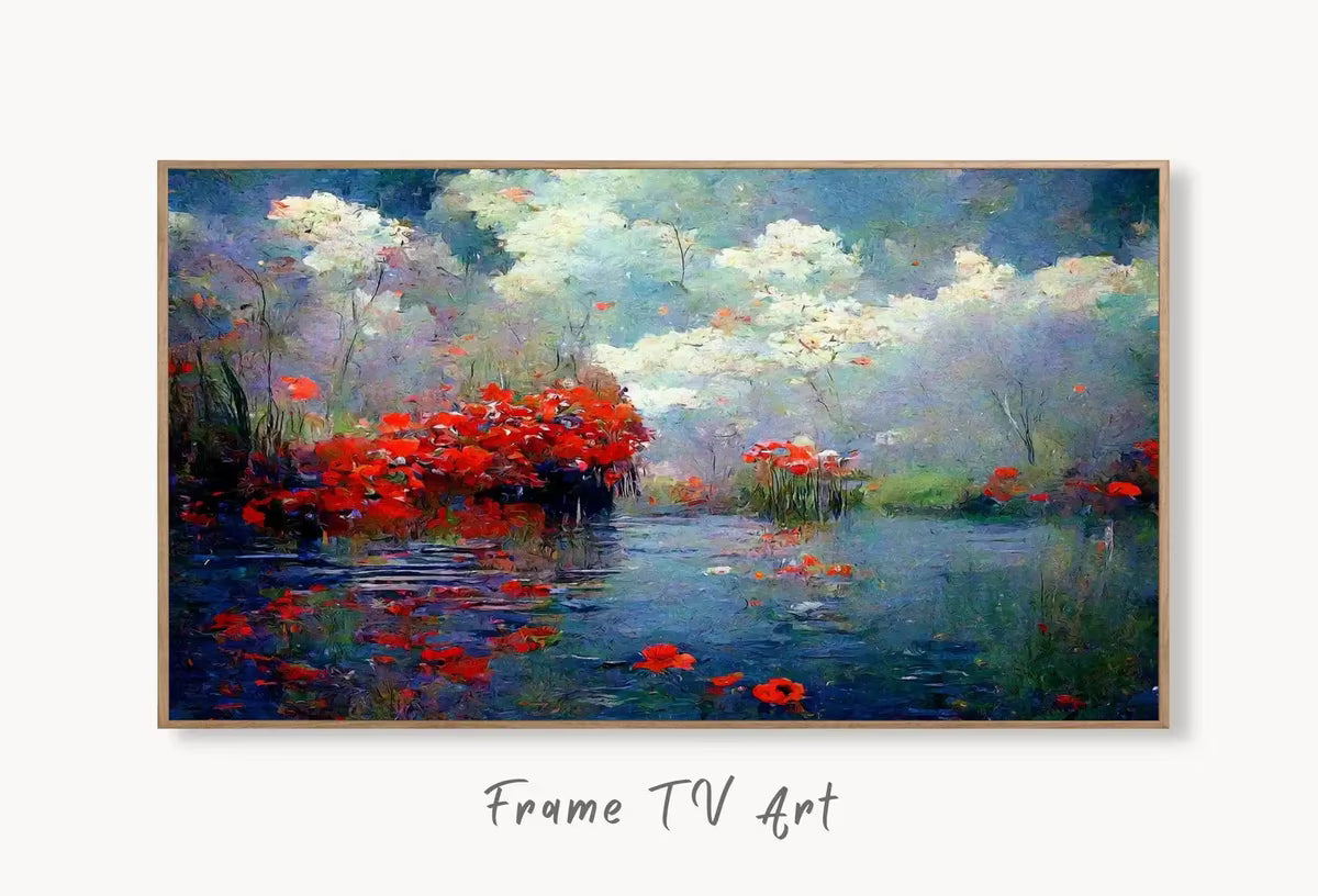 Samsung Frame TV Art 4K Flowers River & Clouds Monet Inspired Digital Painting. Instant Download Landscape Art for Frame TV. Botanical Art – Frame TV  Art