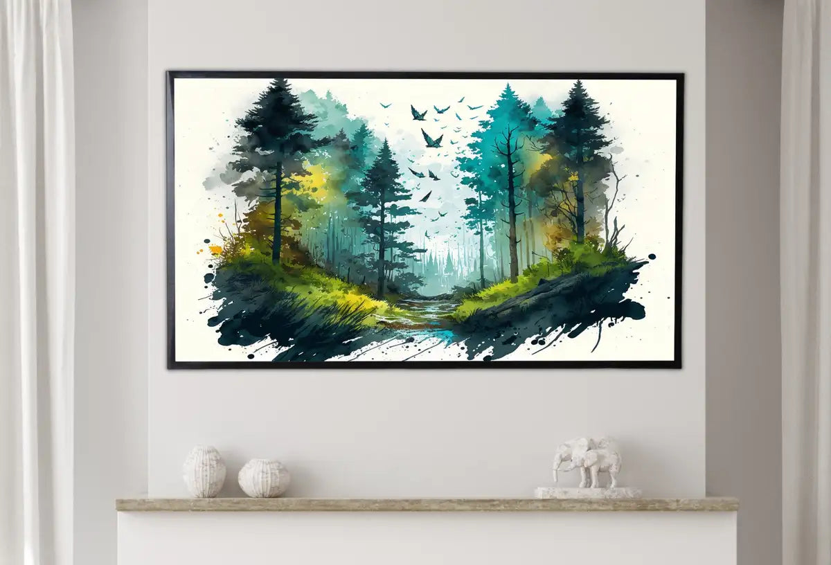 Detail view of artwork from Samsung Frame TV Art 4K Forest Landscape w/ Birds Watercolor Digital Painting. Instant Download Forest Art for Samsung Frame TV. Art for TV. (variation 2)