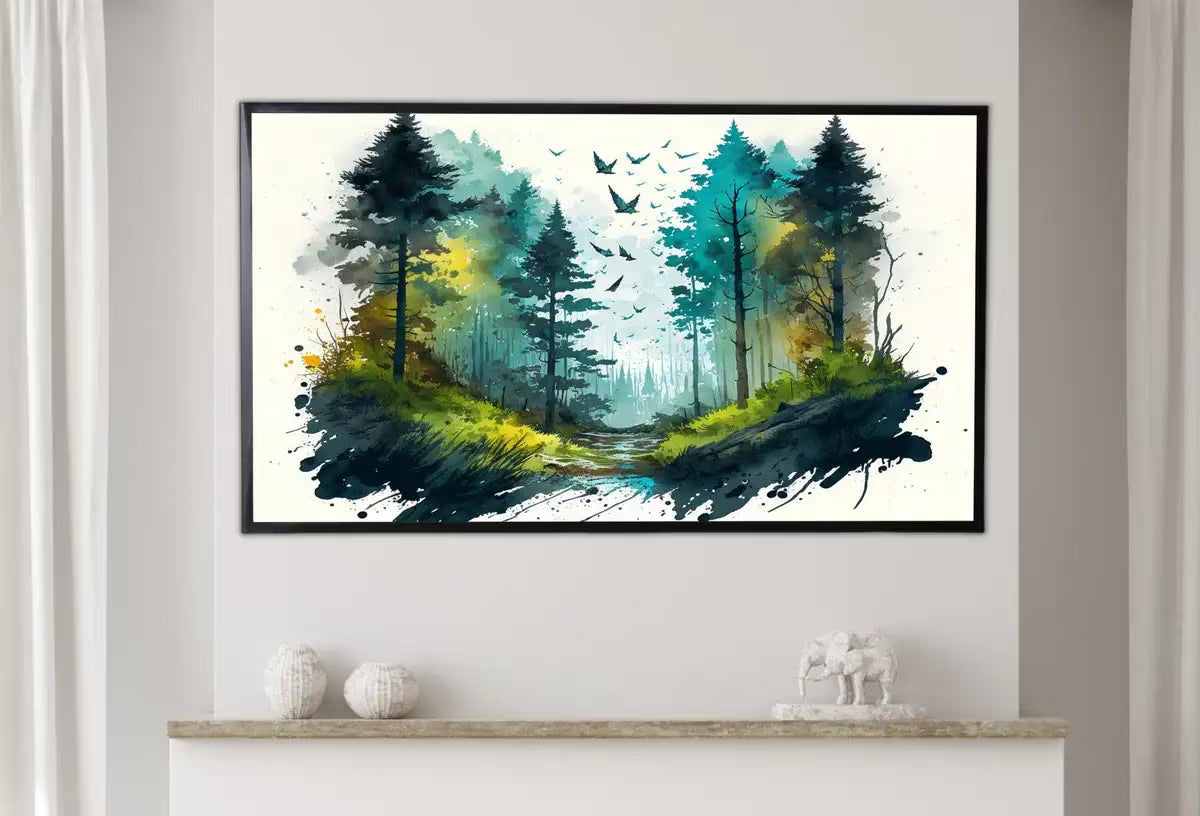 Samsung Frame TV Art 4K Forest Landscape w/ Birds Watercolor Digital Painting. Instant Download Forest Art for Samsung Frame TV. Art for TV – Frame TV  Art