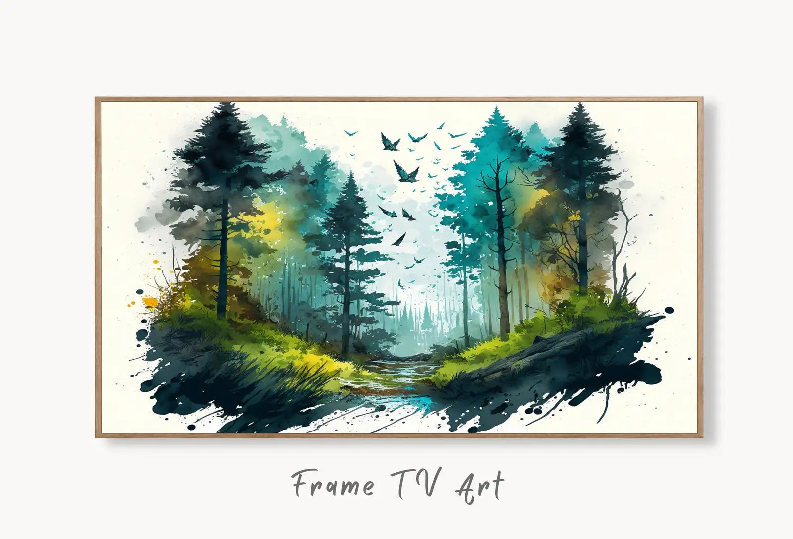 Samsung Frame TV Art 4K Forest Landscape w/ Birds Watercolor Digital Painting. Instant Download Forest Art for Samsung Frame TV. Art for TV displayed on Samsung Frame TV on a living room wall.