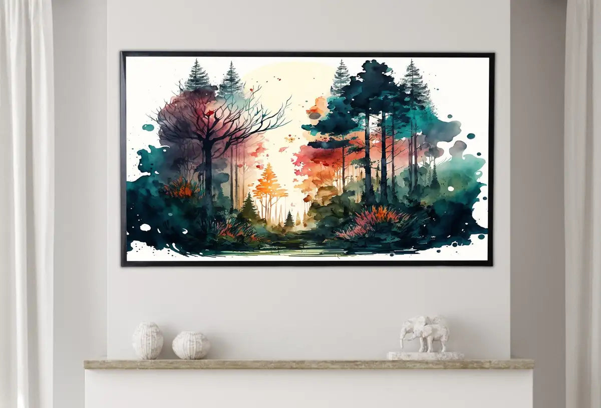 Detail view of artwork from Samsung Frame TV Art 4K Forest Landscape Watercolor Colorful Digital Painting. Instant Download Forest Art for Samsung Frame TV. Art for TV. (variation 2)