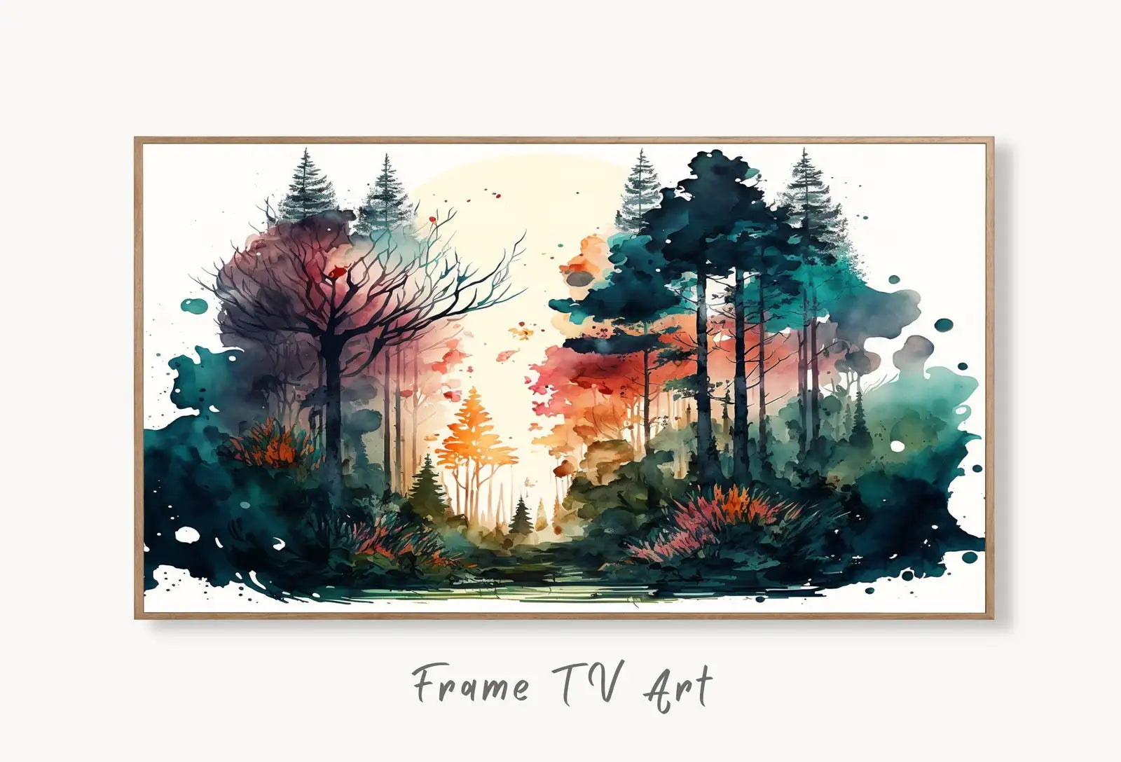 Samsung Frame TV Art 4K Forest Landscape Watercolor Colorful Digital Painting. Instant Download Forest Art for Samsung Frame TV. Art for TV displayed on Samsung Frame TV on a living room wall.