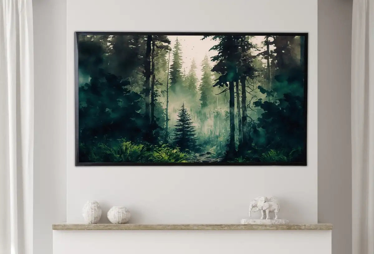 Detail view of artwork from Samsung Frame TV Art 4K Forest Landscape Watercolor Digital Painting. Instant Download. Dense Forest Art for Samsung Frame TV. Art for TV. (variation 2)