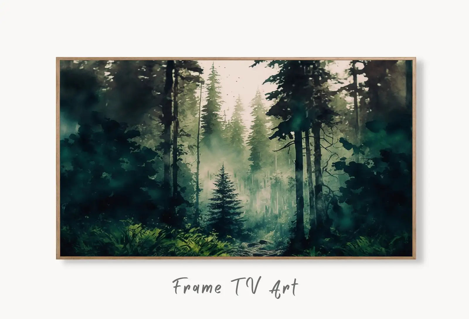 Samsung Frame TV Art 4K Forest Landscape Watercolor Digital Painting. Instant Download. Dense Forest Art for Samsung Frame TV. Art for TV displayed on Samsung Frame TV on a living room wall.