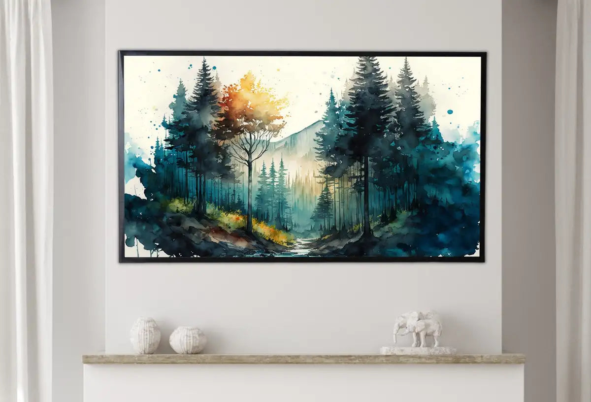 Detail view of artwork from Samsung Frame TV Art 4K Forest Mountain Landscape Watercolor Digital Painting. Instant Download Forest Art for Samsung Frame TV. Art for TV. (variation 2)