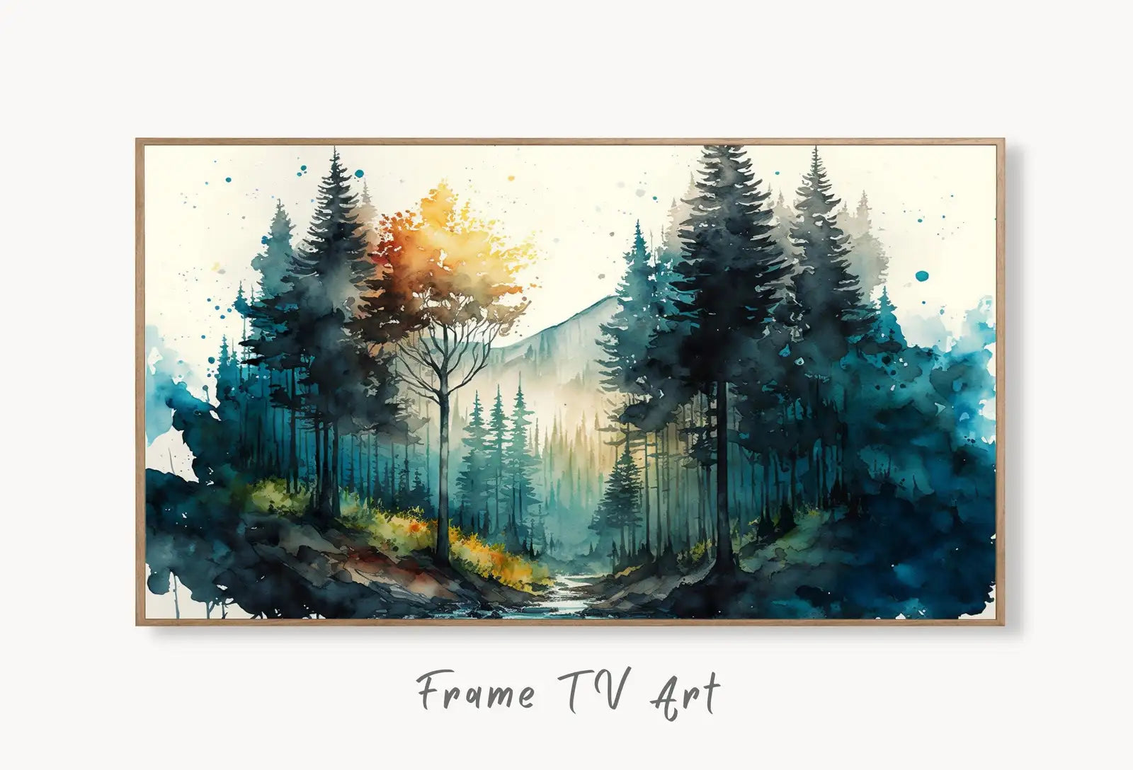 Samsung Frame TV Art 4K Forest Mountain Landscape Watercolor Digital Painting. Instant Download Forest Art for Samsung Frame TV. Art for TV displayed on Samsung Frame TV on a living room wall.