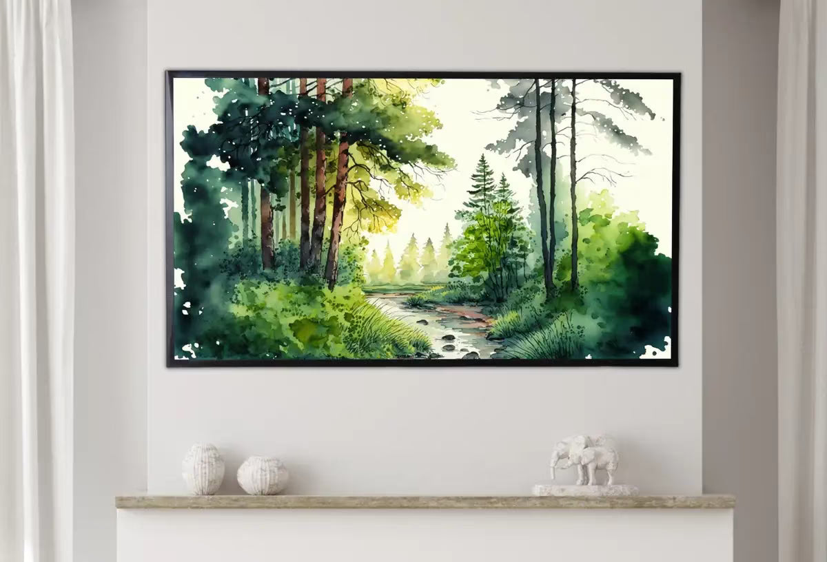 Samsung Frame TV Art 4K Forest & River Landscape Watercolor Digital Painting. Instant Download Forest Art for Samsung Frame TV. Art for TV – Frame TV  Art