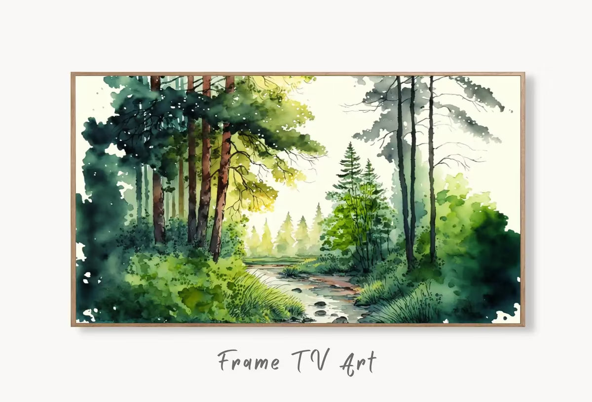 Samsung Frame TV Art 4K Forest & River Landscape Watercolor Digital Painting. Instant Download Forest Art for Samsung Frame TV. Art for TV – Frame TV  Art