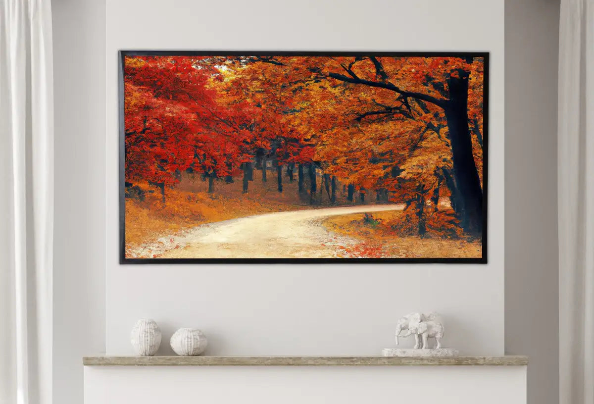 Detail view of artwork from Samsung Frame TV Art 4K Forest Trail in the Fall Landscape Digital Painting. Instant Download Autumn Art for Samsung Frame TV. Art for TV #3. (variation 2)