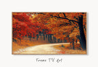 Samsung Frame TV Art 4K Forest Trail in the Fall Landscape Digital Painting. Instant Download Autumn Art for Samsung Frame TV. Art for TV #3 displayed on Samsung Frame TV on a living room wall.